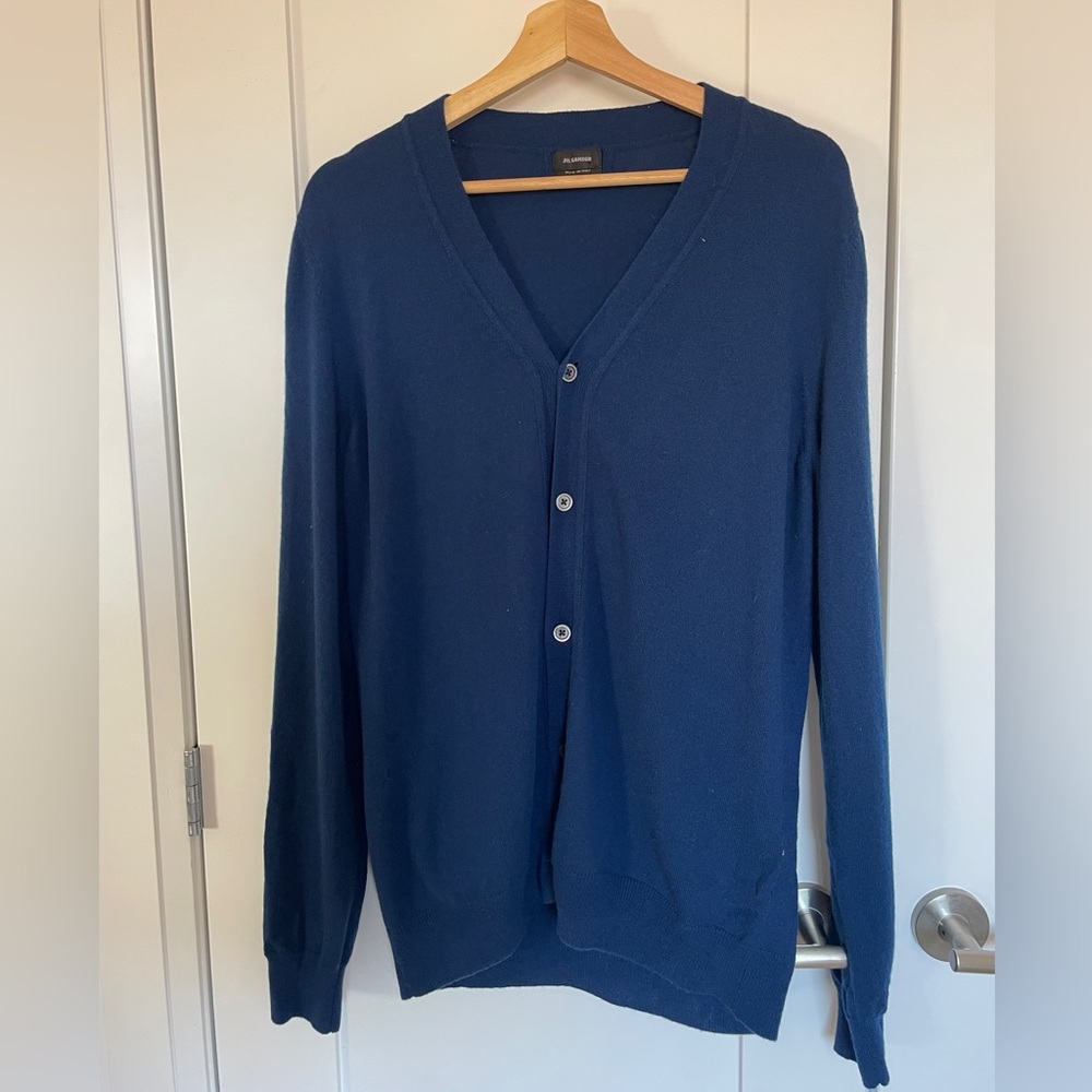 Jil Sander Men's Navy Cashmere Blue V-Neck Button Cardigan